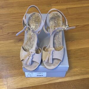 LOFT Women's Beige Tassel Sandals. Cork padded insole. Shadow from straps.